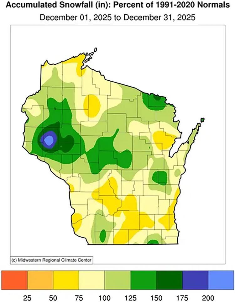 Figure 4c. December accumulated-snowfall percent of normal highlights Dunn County, Wisconsin, which received 200 percent of normal snowfall. Pockets of 125 to 150 percent of normal are seen through central, northeastern and far-southern Wisconsin.