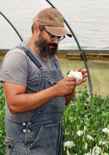 Hans Larsen holding lisianthus blossom