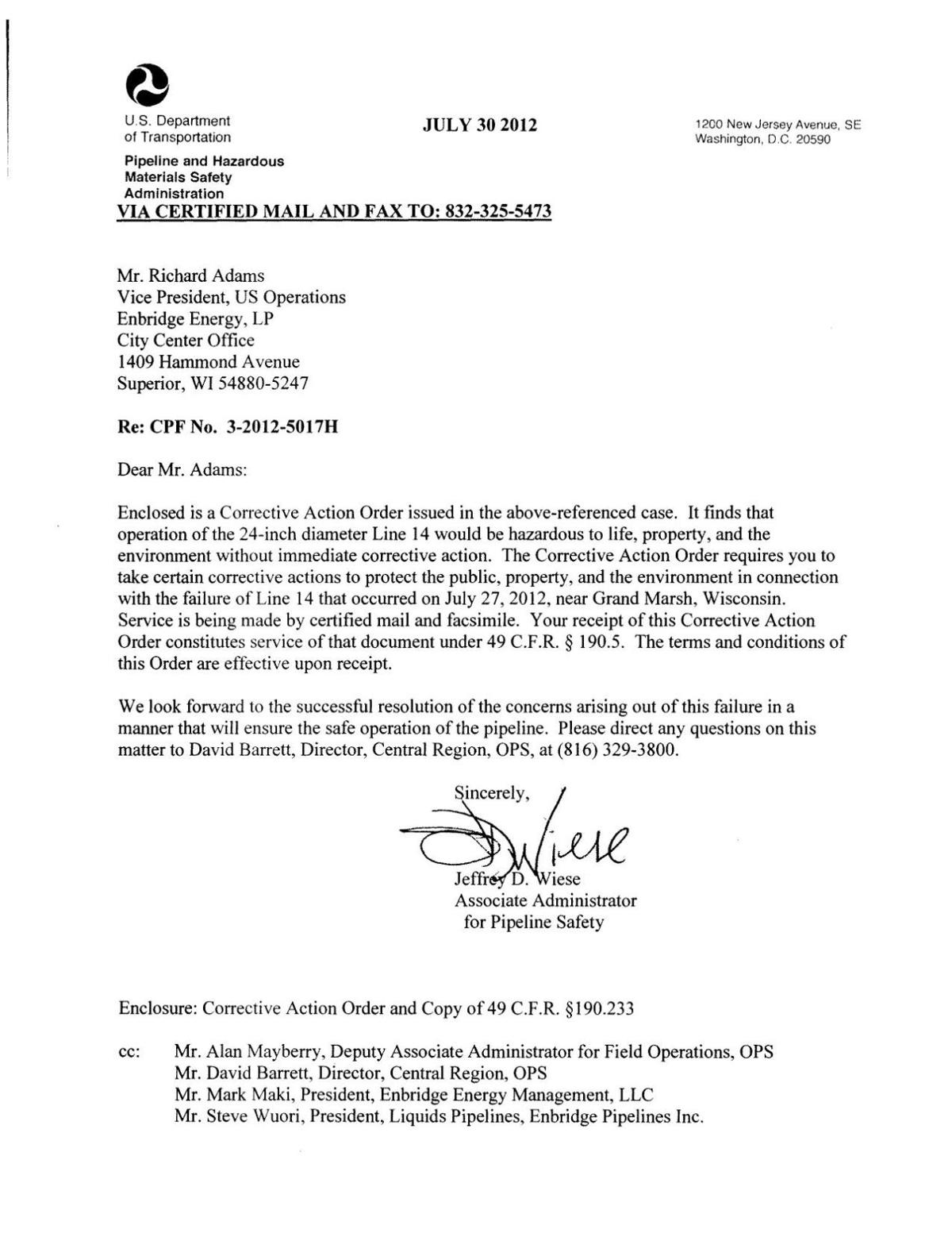 PHMSA corrective action order for Enbridge oil spill in Grand Marsh, WI
