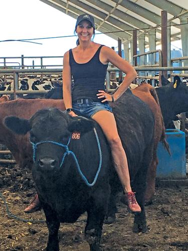 Cat Delheimer practices her balance on top of a cow