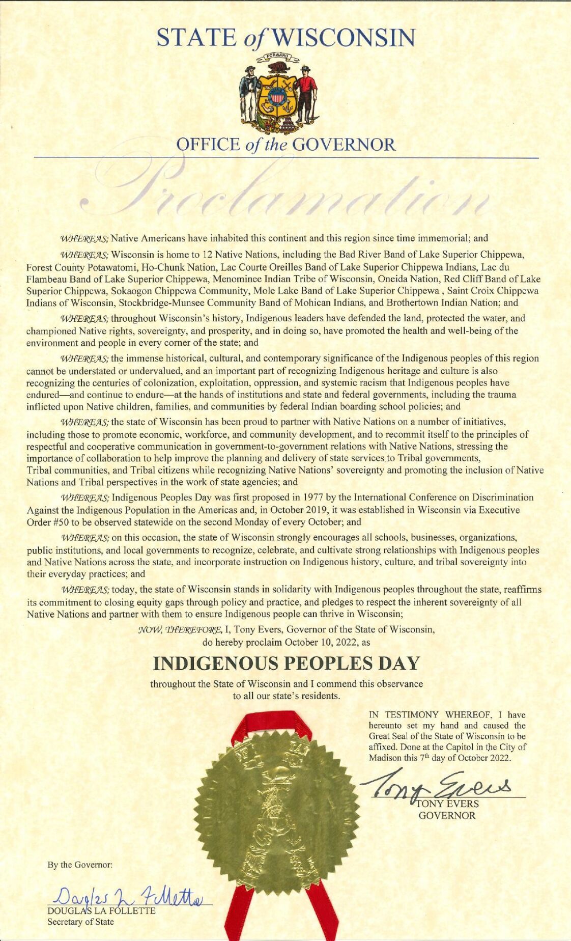 Indigenous Peoples Day proclamation in Wisconsin 2022