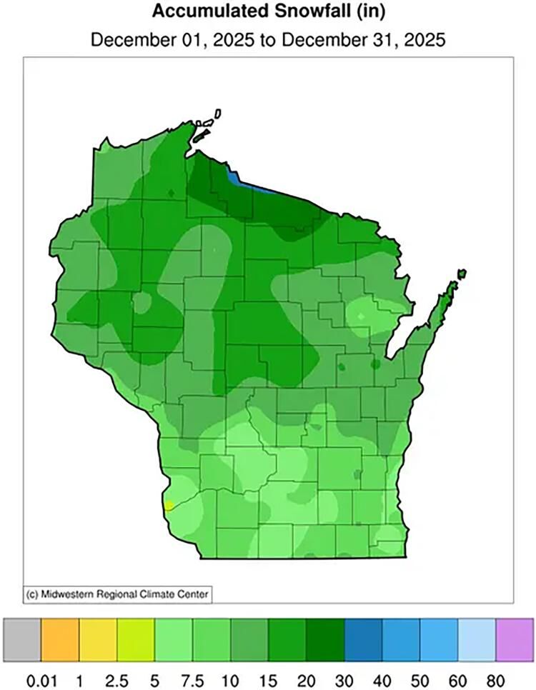 Figure 4a. December total accumulated snowfall is shown in inches, where more than 20 inches of snow fell in Ashland, Iron and Vilas counties of Wisconsin. Snow amounts progressively decreased farther south; southern counties received less than 10 inches.