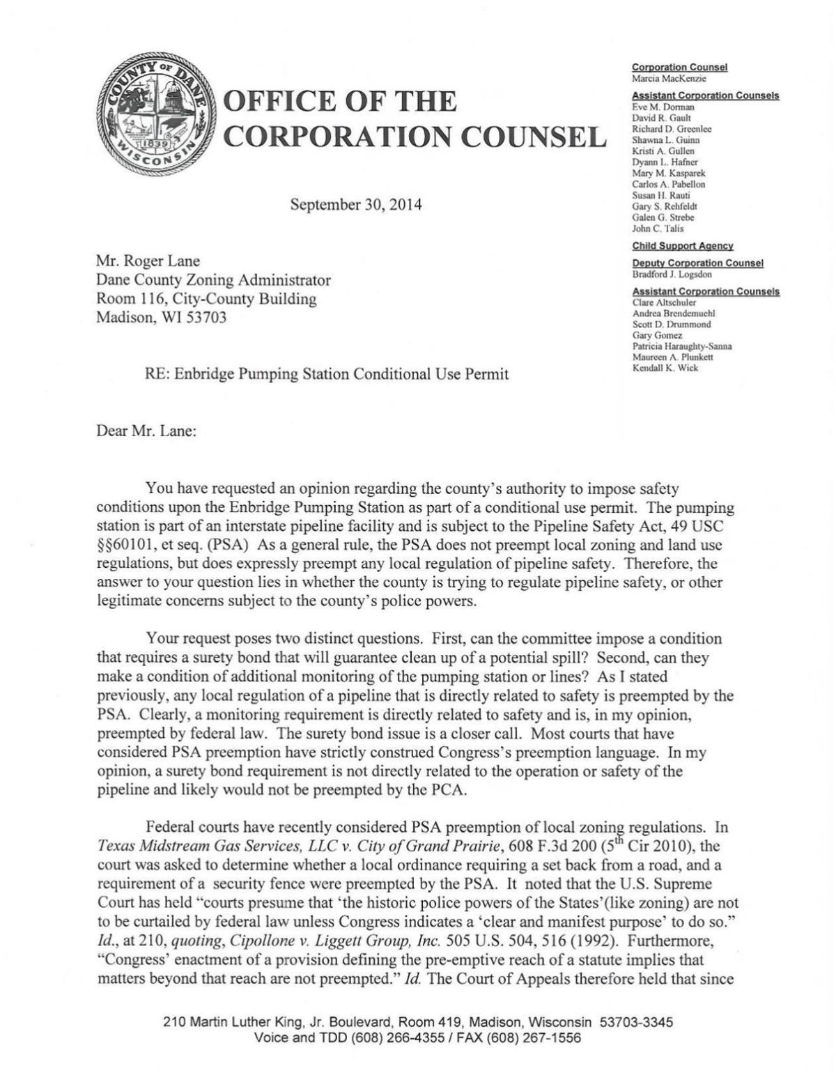 Dane County attorney memo on Enbridge