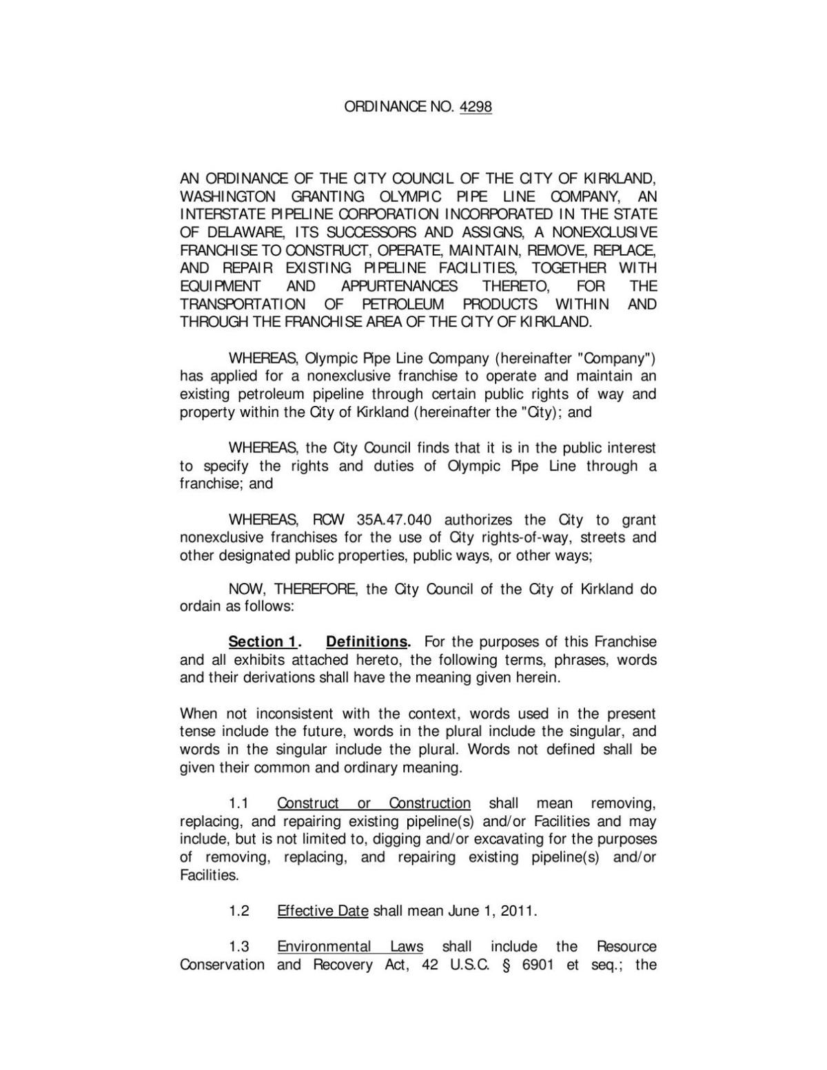 Kirkland, WA, pipeline spill insurance ordinance
