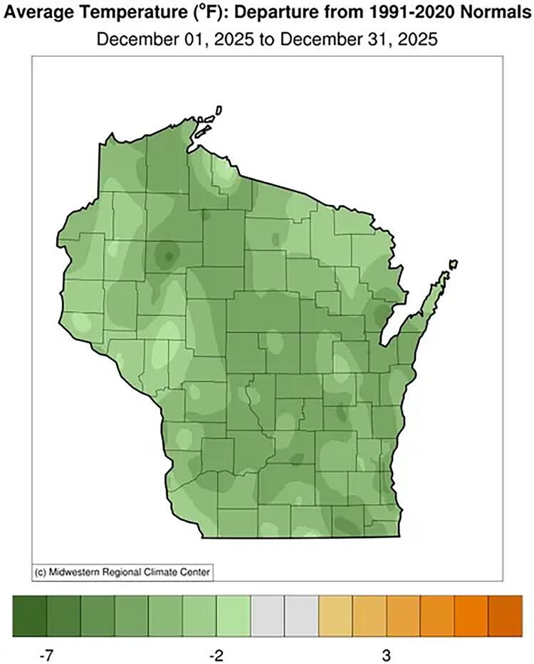Figure 2b. December average temperature-departure from normal is calculated. Most of Wisconsin was two to five degrees colder than normal.