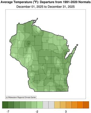 Figure 2b. December average temperature-departure from normal is calculated. Most of Wisconsin was two to five degrees colder than normal.