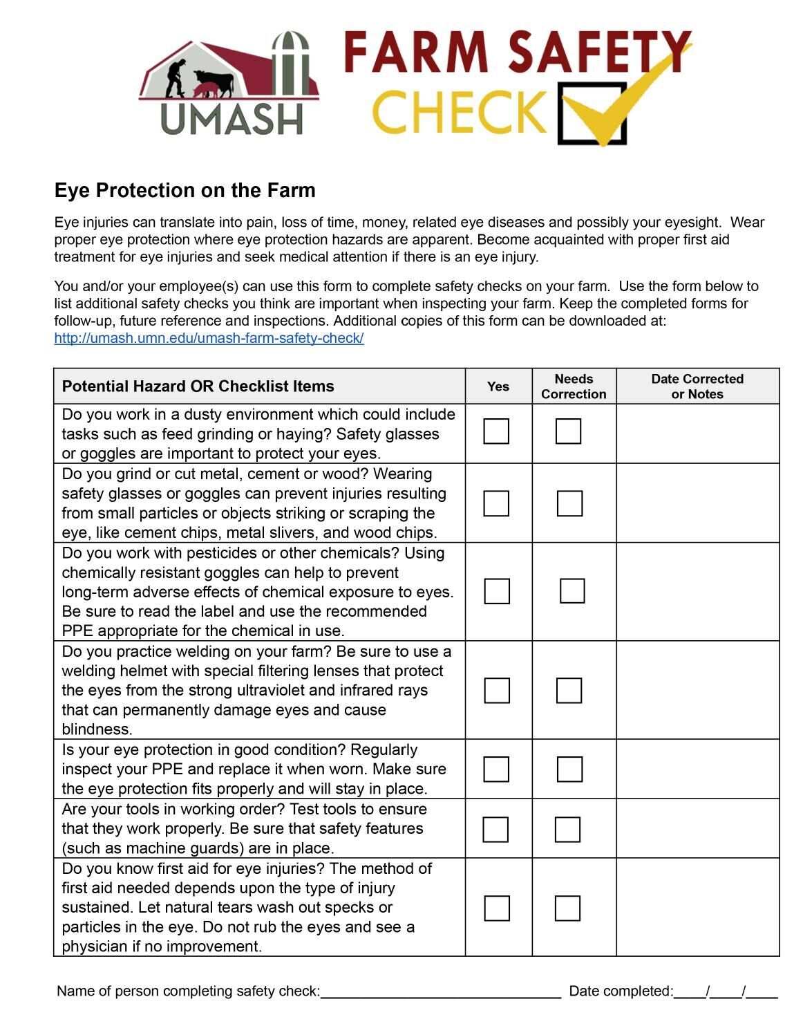 Farm Safety checklist for eyes page 1
