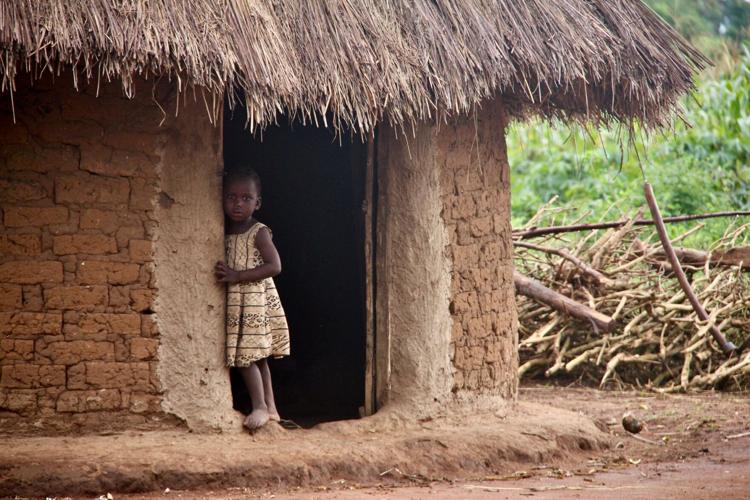 Child at door of mud-brick, thatched-roof farming village hut.jpg