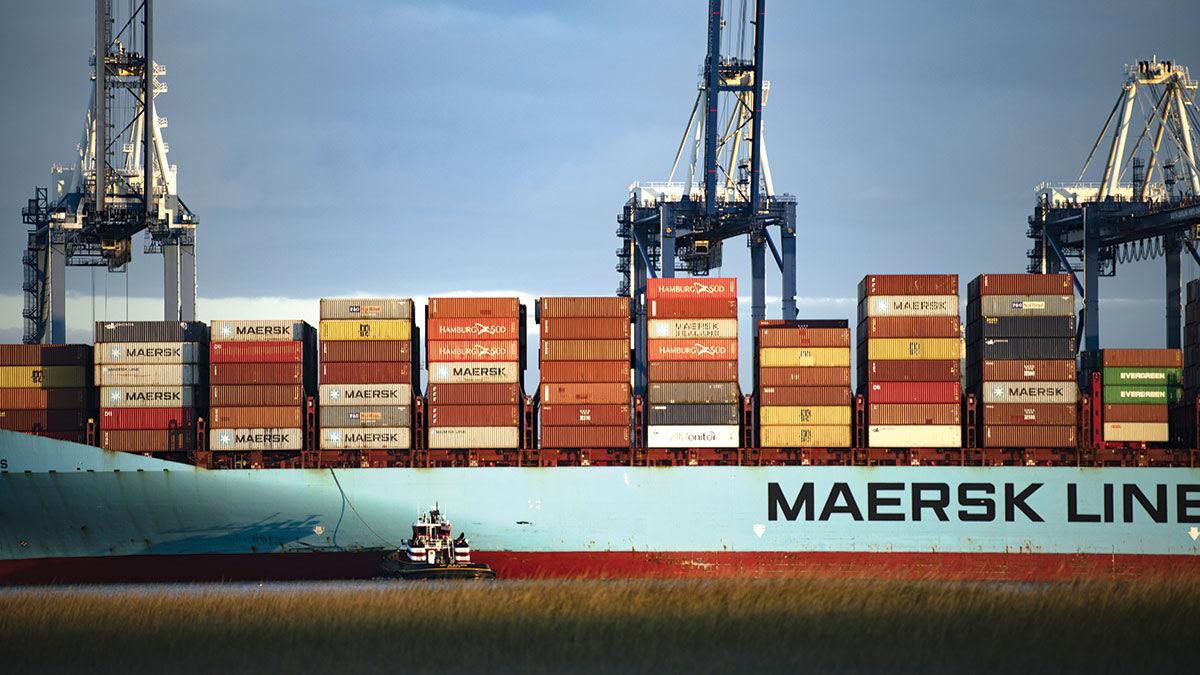 A container ship docks