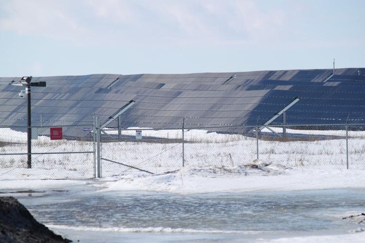 Solar panels in snow in Clara City, Minnesota