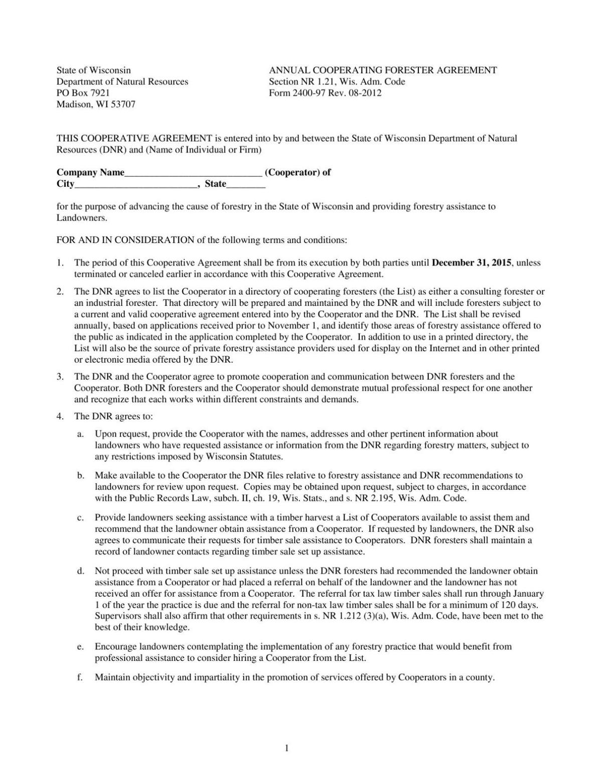 DNR agreement with cooperating forester