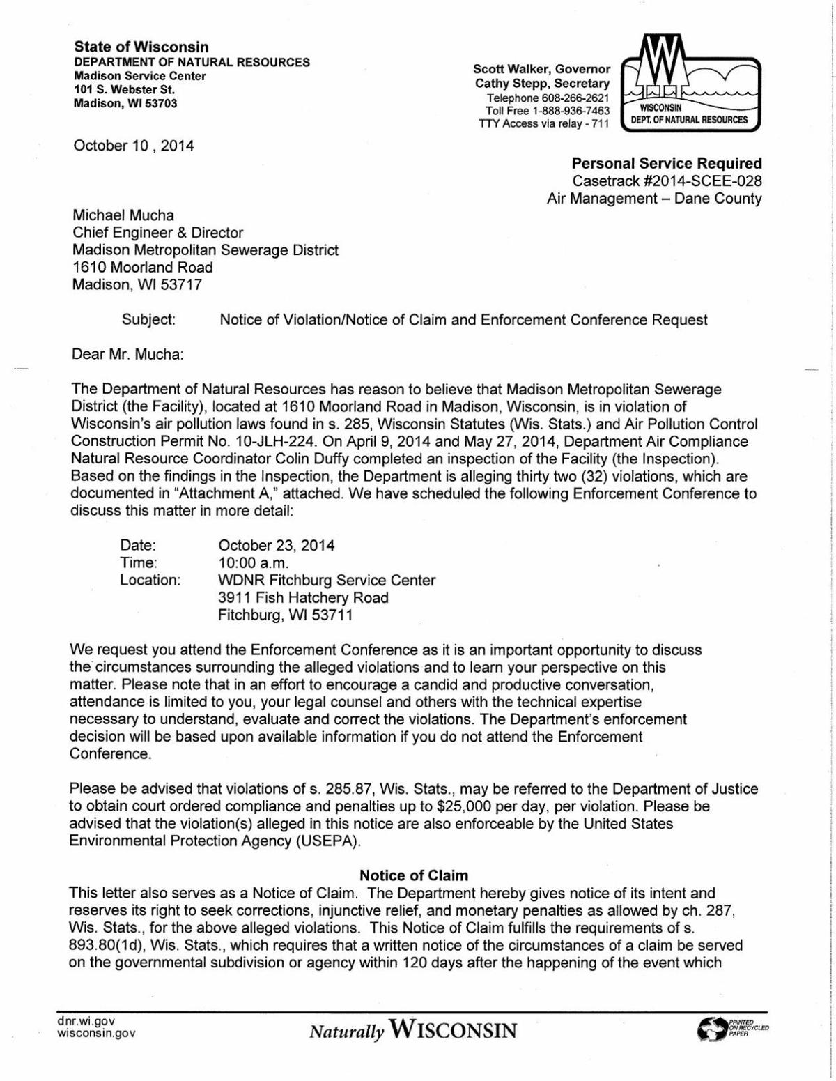 DNR notice of violation