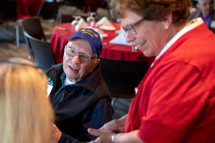 Donor Len Ivarson chats Sept. 7 with UW–Madison Chancellor Rebecca Blank