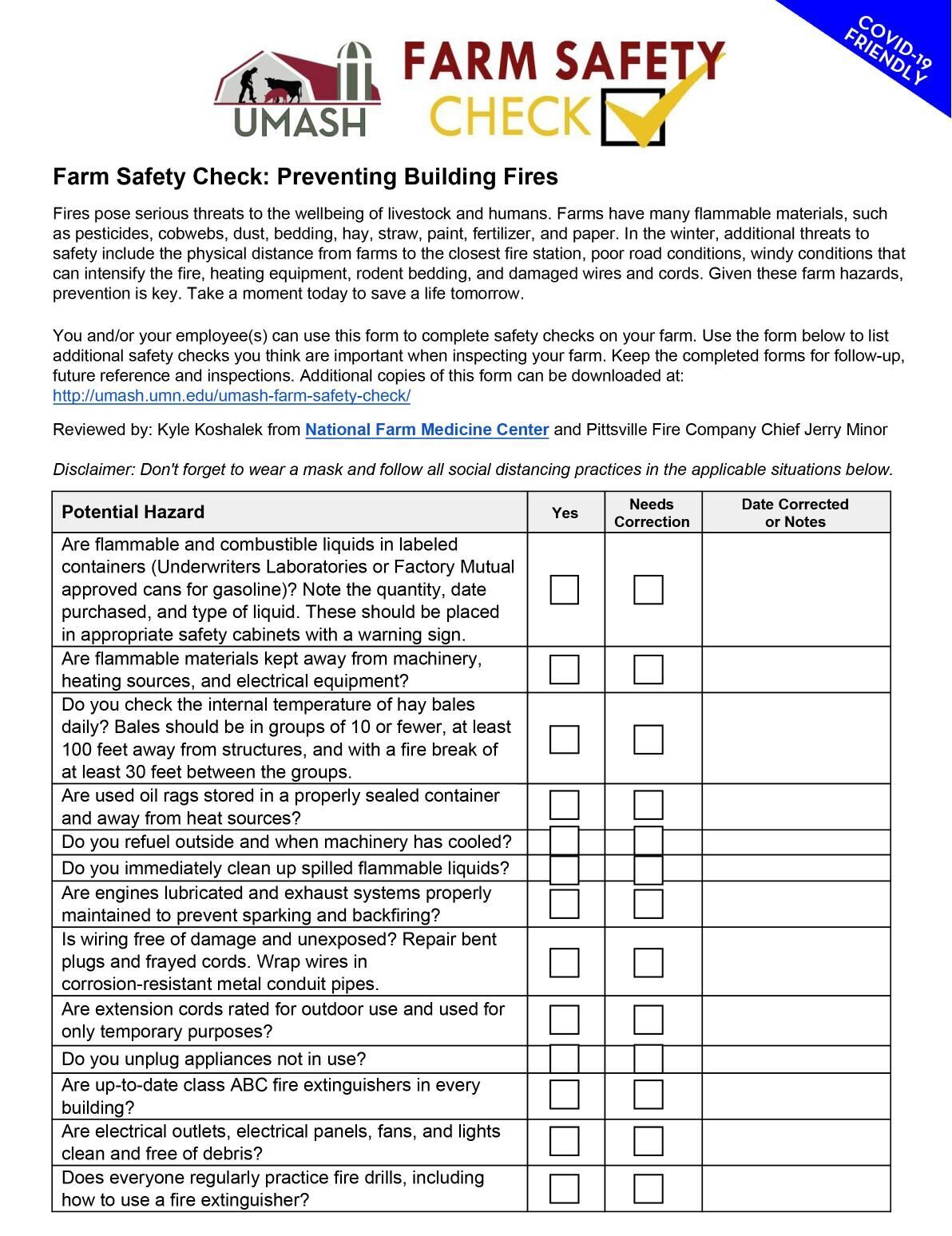 Farm Safety checklist building fires page 1