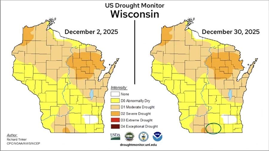 Figure 6. U.S. Drought Monitor conditions in Wisconsin as of Dec. 2 and Dec. 30, 2025, show a minute change in conditions through the month – circled in green.