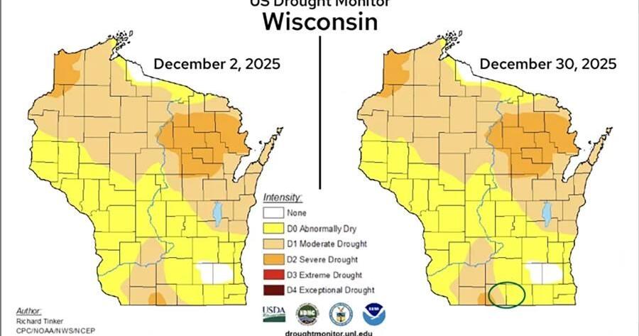 Figure 6. U.S. Drought Monitor conditions in Wisconsin as of Dec. 2 and Dec. 30, 2025, show a minute change in conditions through the month – circled in green.
