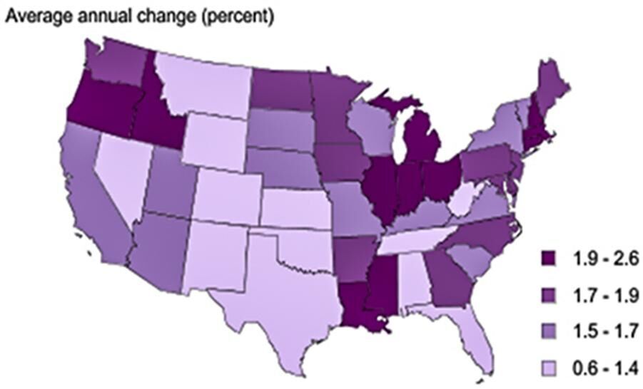 Figure 7. Change in agricultural productivity by state, 1960-2004