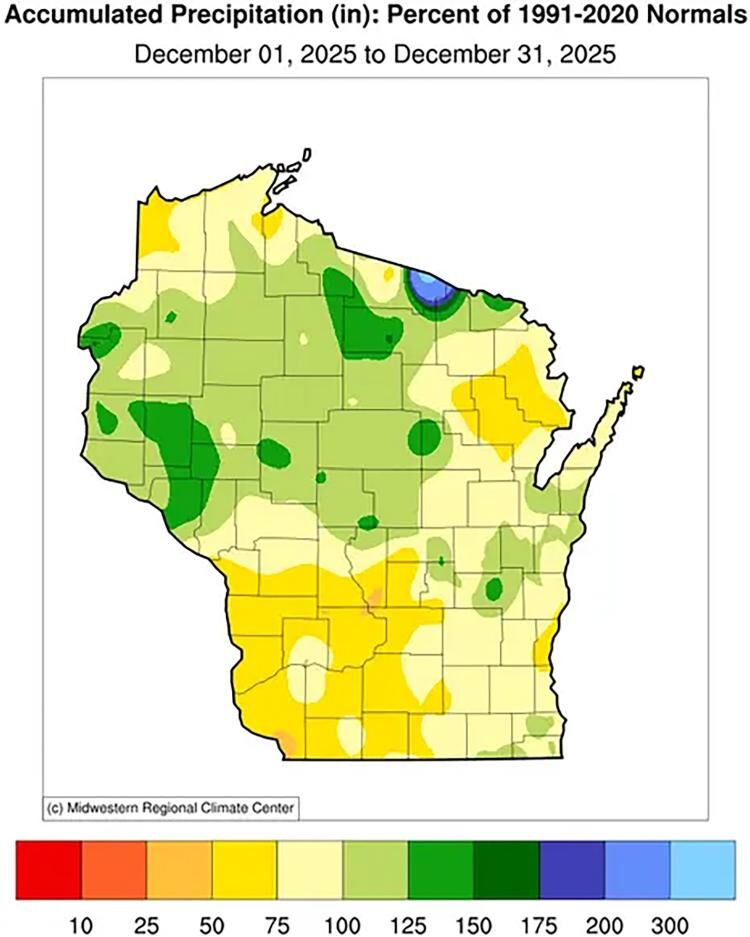 Figure 5c. December precipitation percent of normal is shown, highlighting 200 percent to 300 percent of normal precipitation in parts of Vilas and Forest counties of Wisconsin. Southwestern Wisconsin saw the driest conditions, with widespread deficits ...