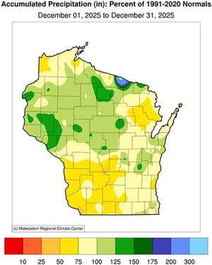 Figure 5c. December precipitation percent of normal is shown, highlighting 200 percent to 300 percent of normal precipitation in parts of Vilas and Forest counties of Wisconsin. Southwestern Wisconsin saw the driest conditions, with widespread deficits of 50 percent to 75 percent of normal.