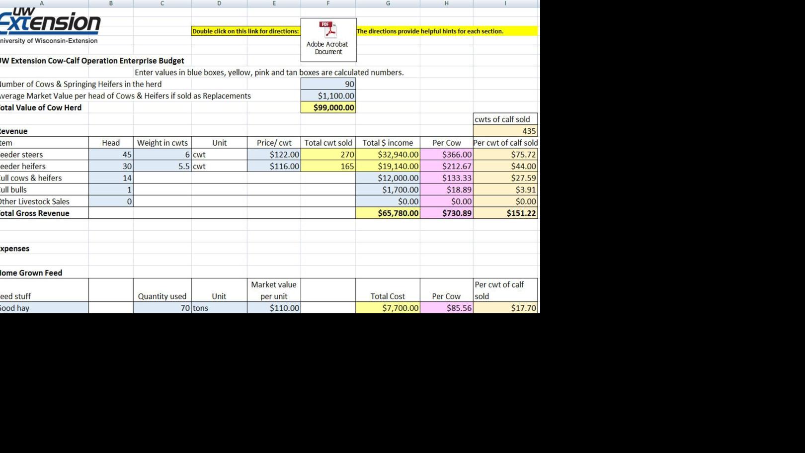 Cowcalf operation spreadsheet Livestock