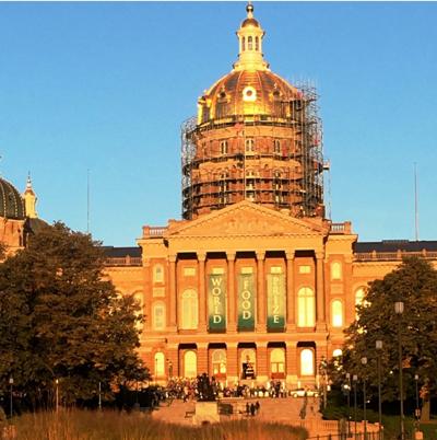Iowa capitol building with World Food Prize banners