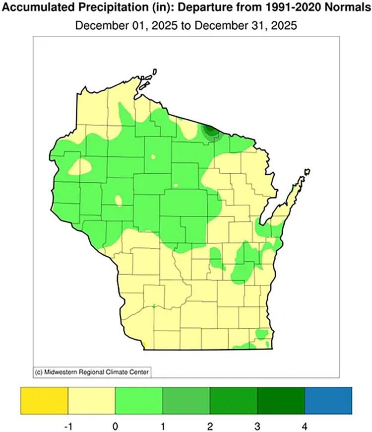 Figure 5b. December precipitation departure from average is calculated, where almost all of Wisconsin was within 1 inch of average precipitation. Portions of Vilas and Forest counties saw totals 3 to 4 inches more than typical.
