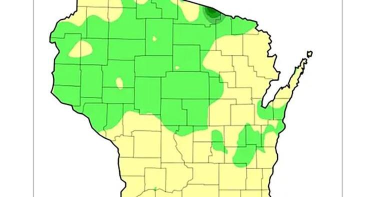 Figure 5b. December precipitation departure from average is calculated, where almost all of Wisconsin was within 1 inch of average precipitation. Portions of Vilas and Forest counties saw totals 3 to 4 inches more than typical.
