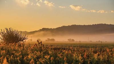 Fog blankets some of the Missouri River bottom near Pacific Junction, Iowa.