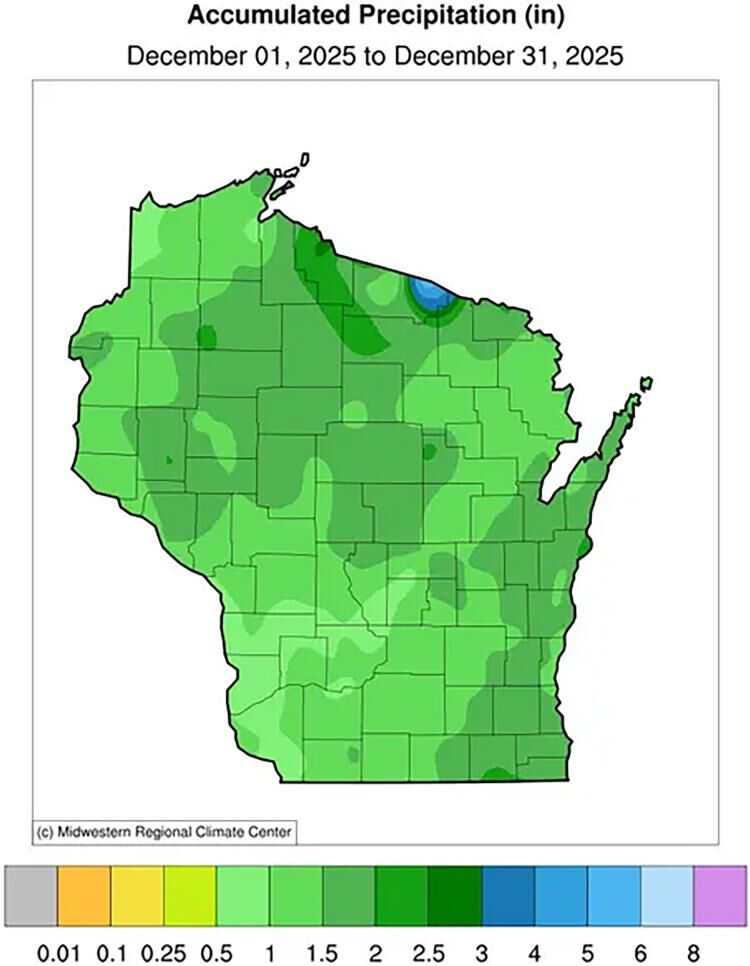 Figure 5a. December accumulated total precipitation is shown in inches, where the majority of Wisconsin received 1 to 2 inches.