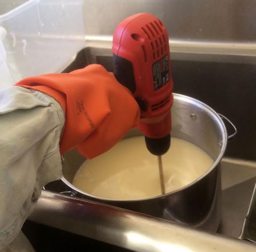 Drill used to mix soap ingredients