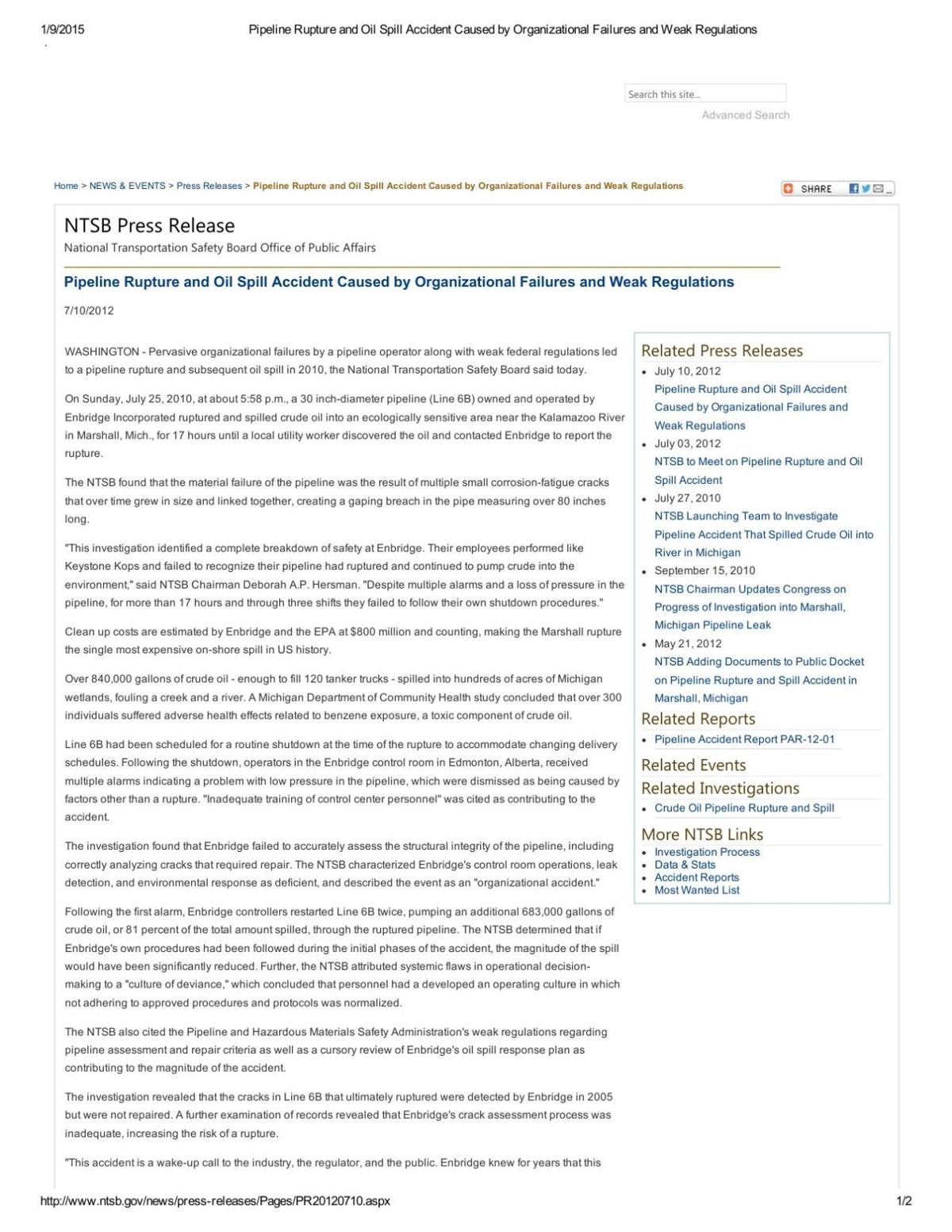 NTSB 2012 press release calls Enbridge "Keystone Kops" in Michigan spill