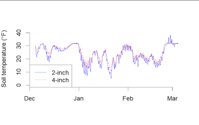 Figure 3. Hourly soil temperatures from Dec. 4, 2024 to March 4, 2025 at 2 and 4 inches at West Central Research and Outreach Center weather station at Morris, MN.