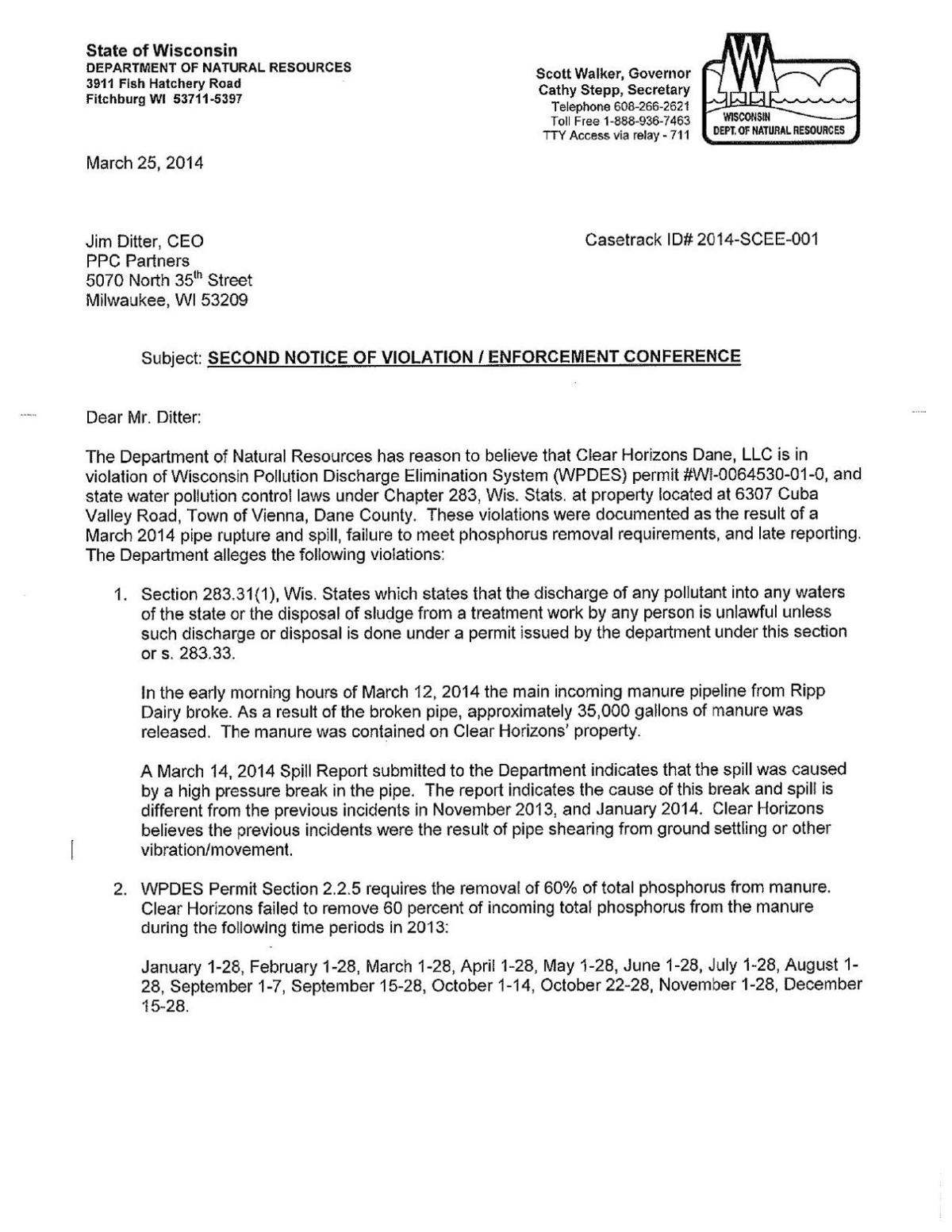 March 25 notice of violation