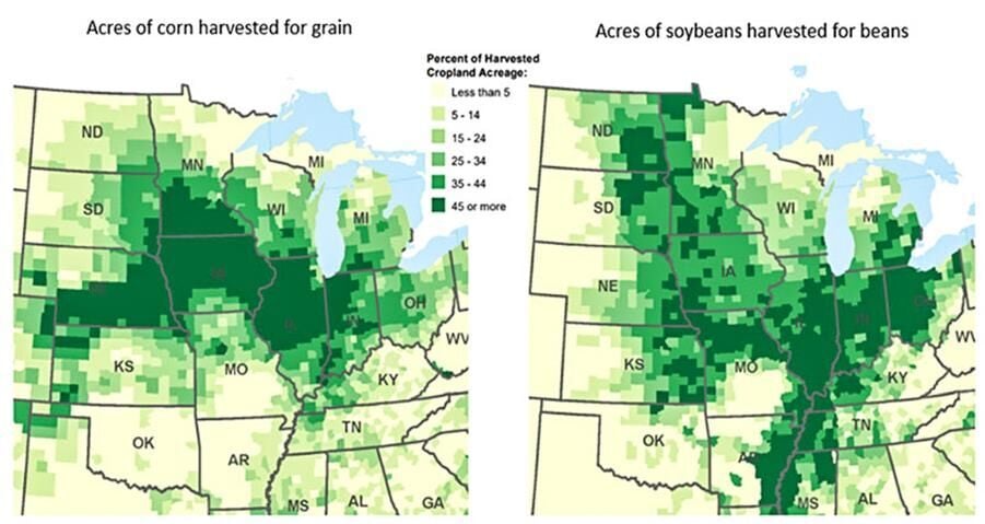 Figure 2. Primary U.S. counties for corn and soybean production in selected states