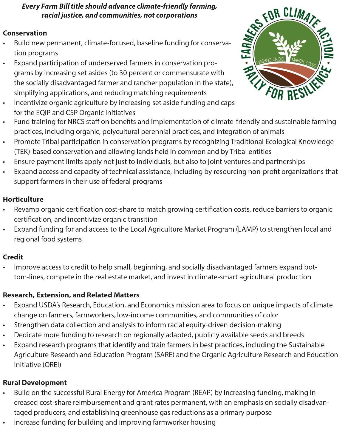 Farmers for Climate Change legislative priorities, 1