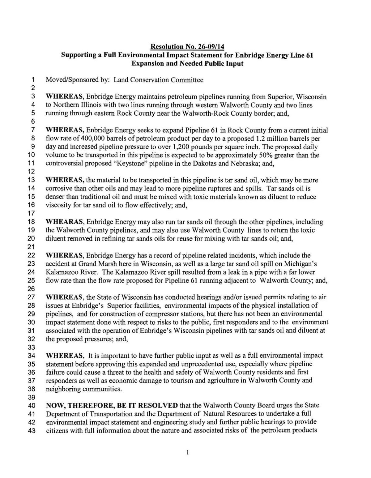 Walworth County 2014 resolution on Enbridge pipeline