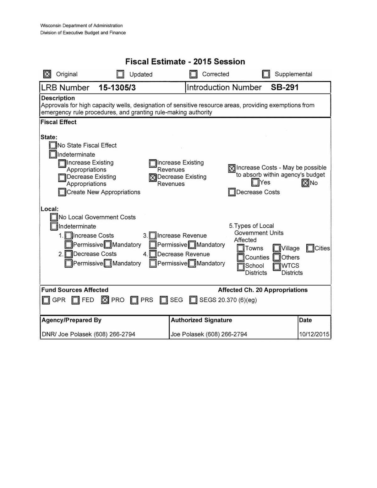 Estimate cost of implementing SB 291