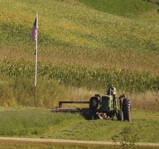 Cutting hay tractor in field