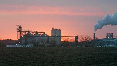Ethanol plant at sunset