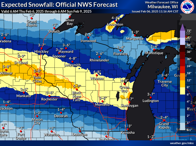 NWS expected snow totals for Wisconsin through Sunday 6 a.m.