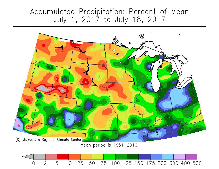 July Precipitation, percent of mean July 1-18