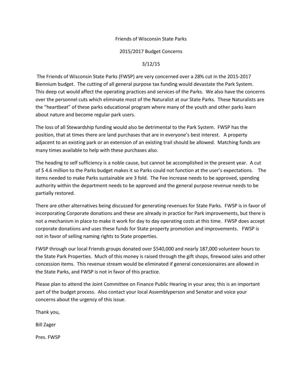 Friends of Wisconsin State Parks letter on budget cuts
