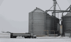 semi outside grain elevator