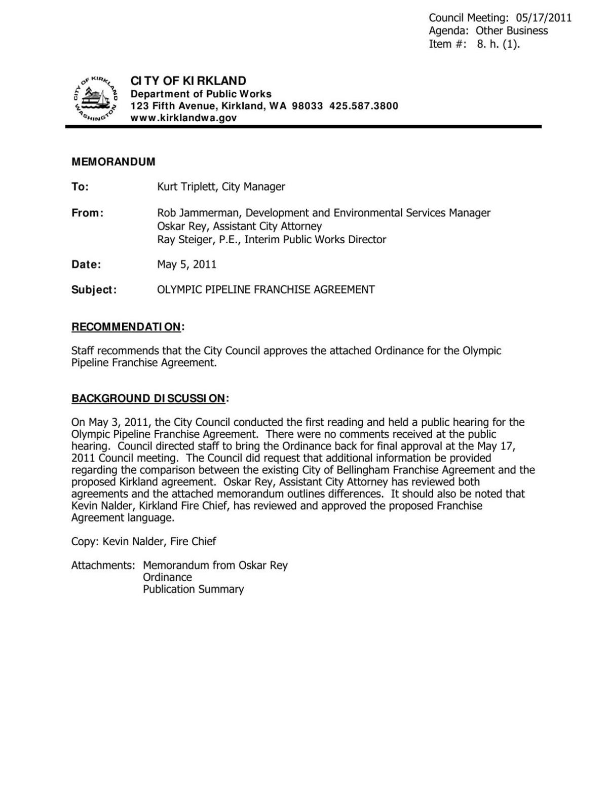 Kirkland, WA, staff memo on pipeline spill insurance