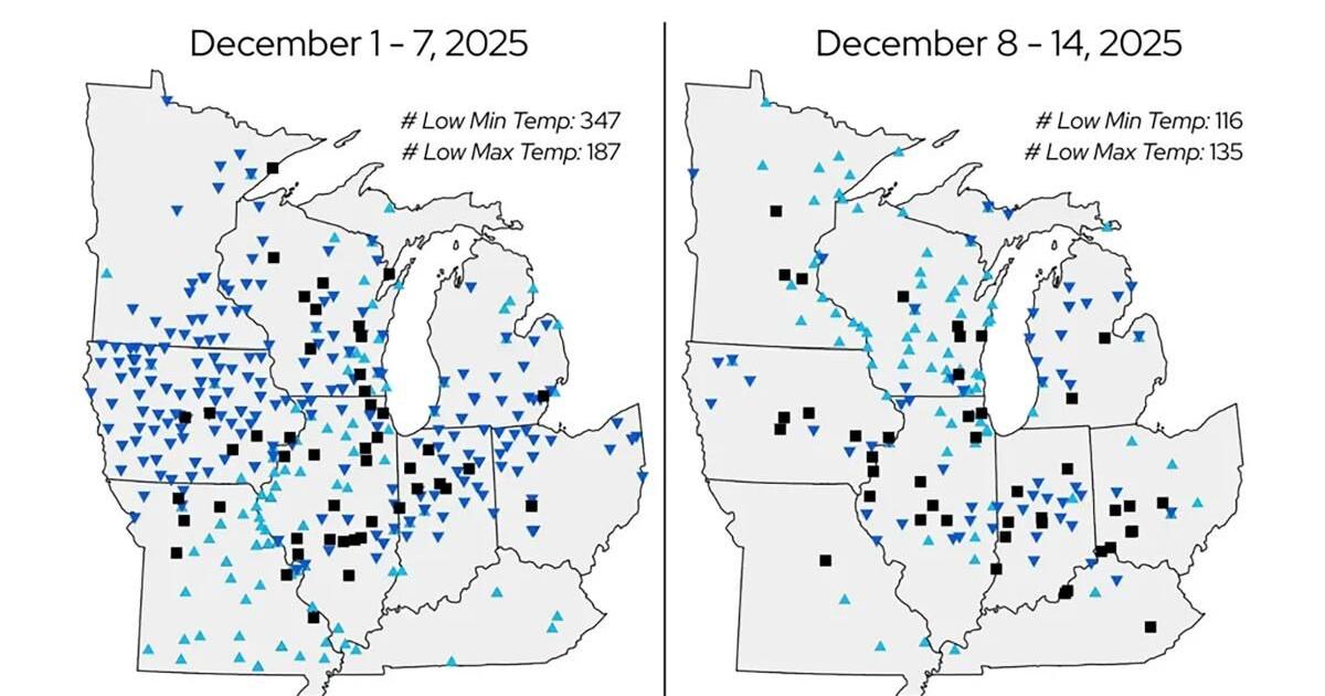 Figure 1. Daily coldest-temperature records are broken or tied during the week of Dec. 1-7, 2025, left, and Dec. 8-14, 2025. The symbols indicate stations reporting new daily coldest-temperature records, based on preliminary data. More than 100 records were tied or broken in Wisconsin between the two weeks.
