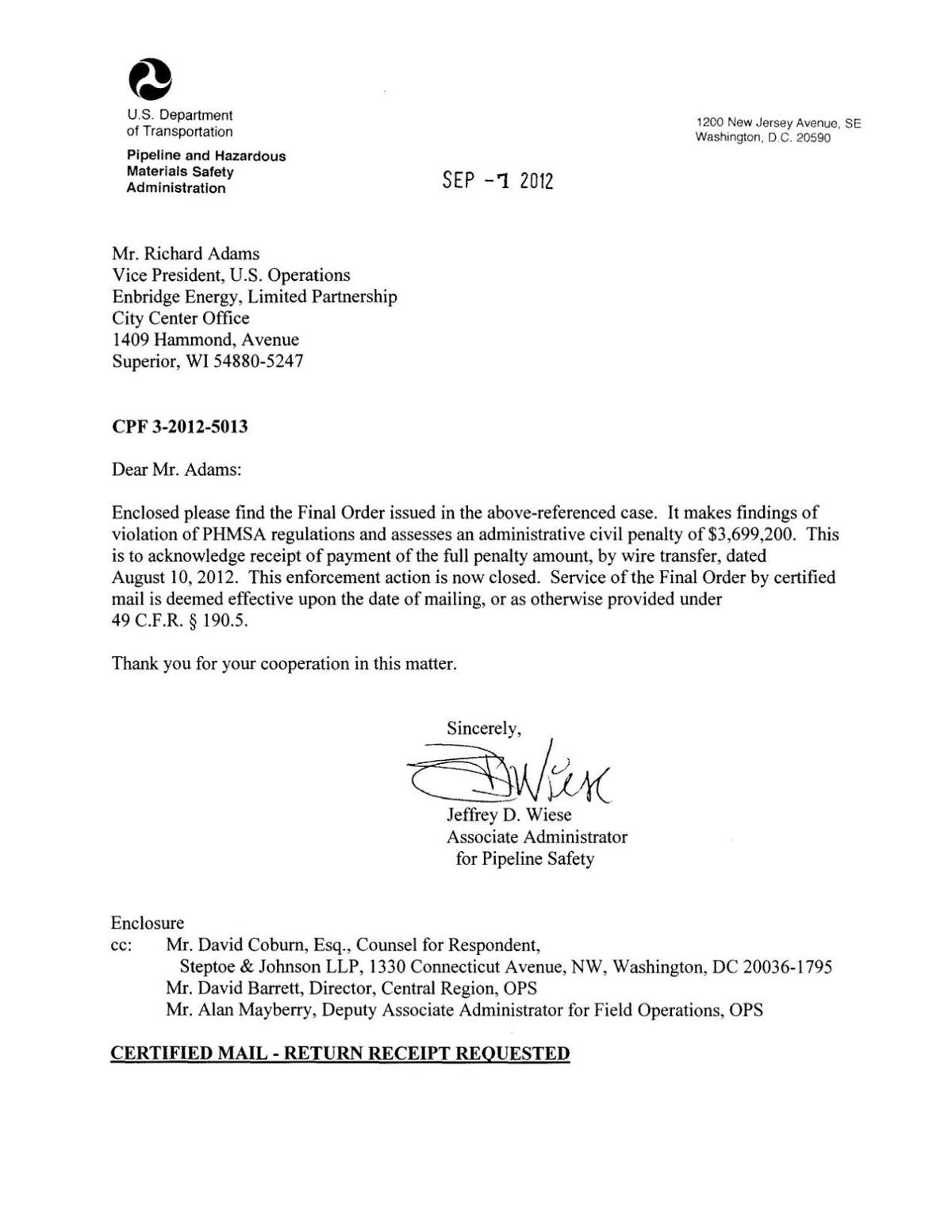 PHMSA final order in 2012 Enbridge oil spill in Grand Marsh, WI