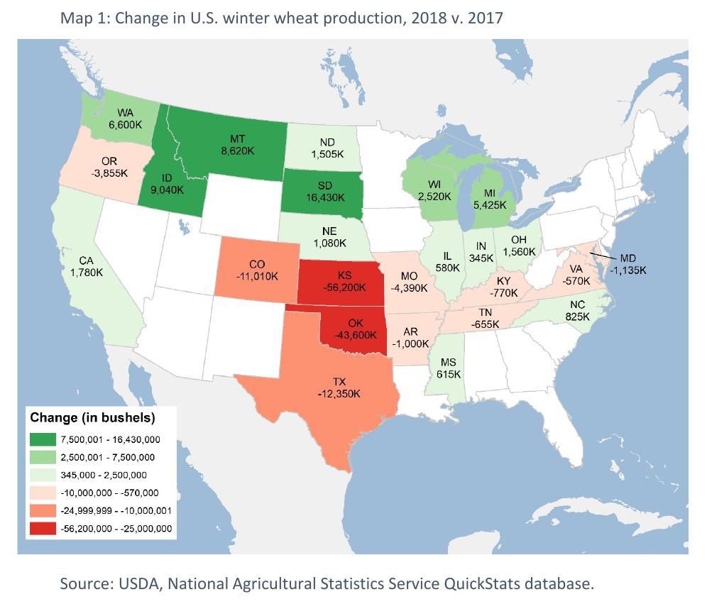 Map 1 Change in U.S. winter wheat production, 2018 v. 2017
