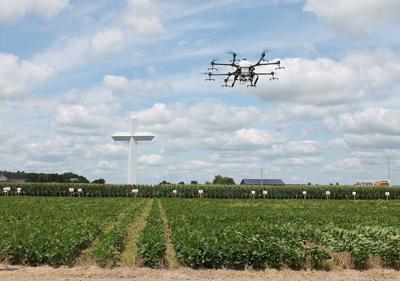 drone flies over a field