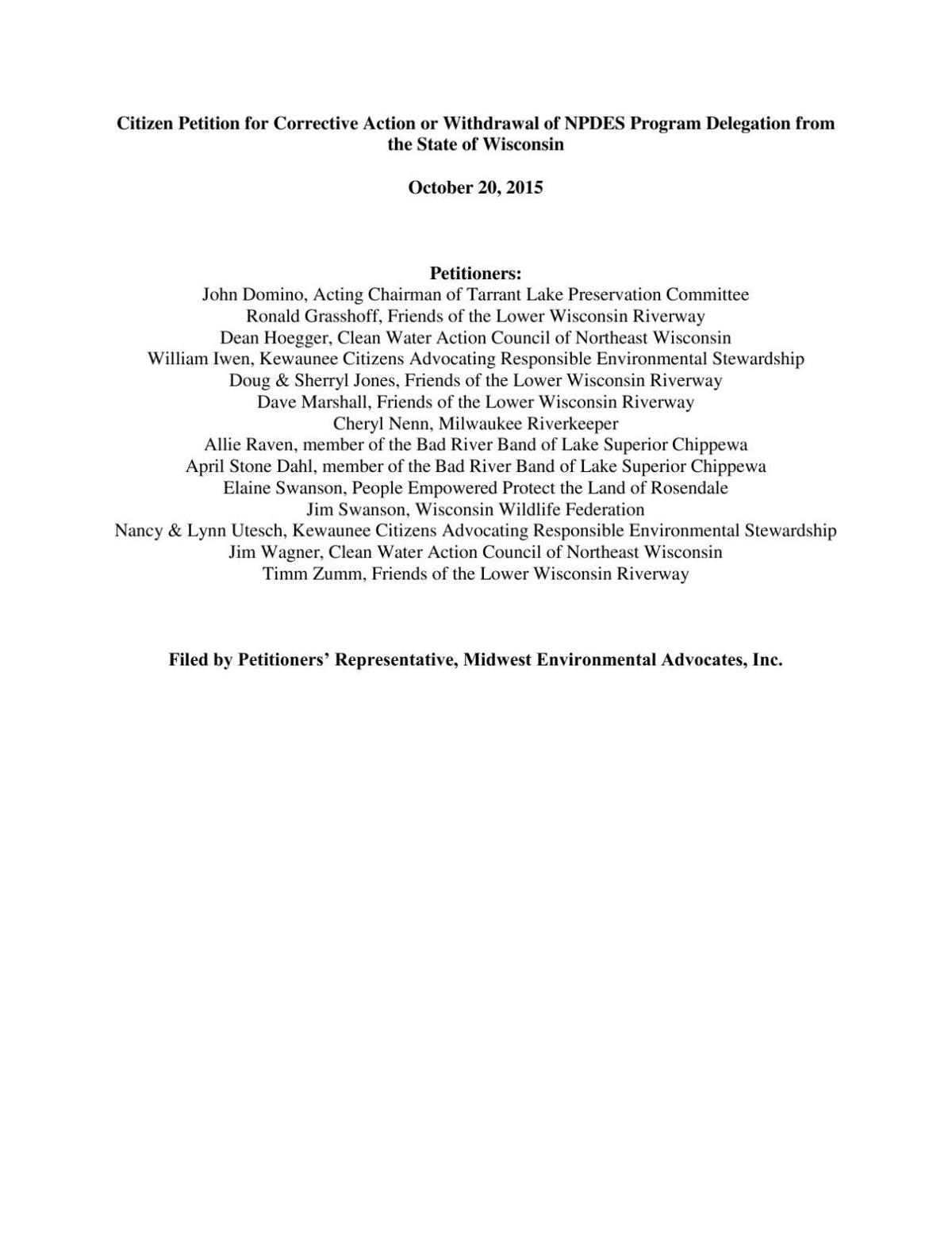 Petition alleging DNR clean water failings