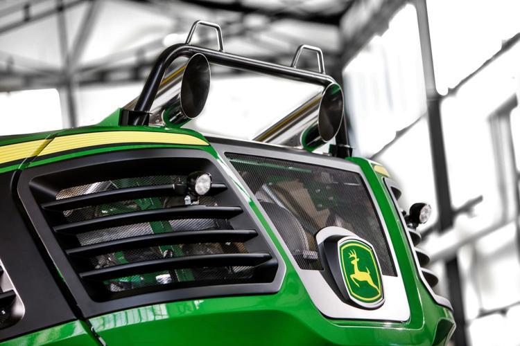 John Deere logo on harvester